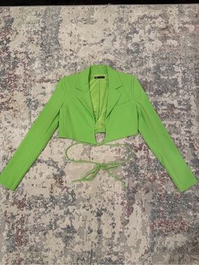 Zara Neon Green Cropped Blazer with Self-Tie Waist